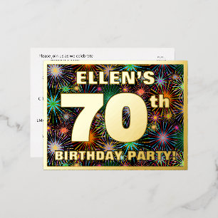 70th Birthday Party: Bold, Colorful Fireworks Look Foil Invitation Postcard