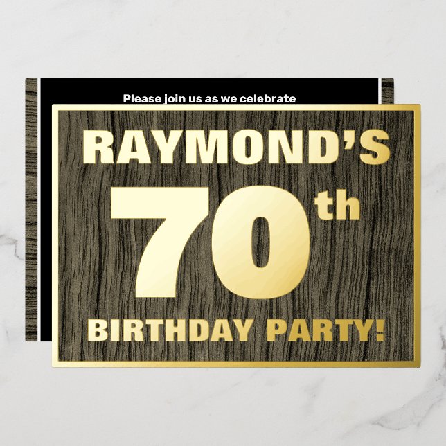 70th Birthday Party: Bold, Faux Wood Grain Pattern Foil Invitation (Front/Back)
