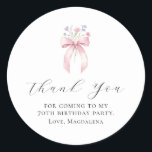 70th Birthday Party Bow Custom Thank You Favor Classic Round Sticker<br><div class="desc">Thank your guests for coming to your birthday party with this personalized thank you favor sticker.  It features a blush pink coquette bow accented with pink and blue wildflowers. Thank you is written in a lovely open script. Three lines let you customize your appreciation. All text is editable.</div>