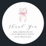 70th Birthday Party Bow Custom Thank You Favor Classic Round Sticker<br><div class="desc">Thank your guests for coming to your birthday party with this personalized thank you favor sticker.  It features a blush pink coquette bow accented with pink and blue wildflowers. Thank you is written in a lovely open script. Three lines let you customize your appreciation. All text is editable.</div>