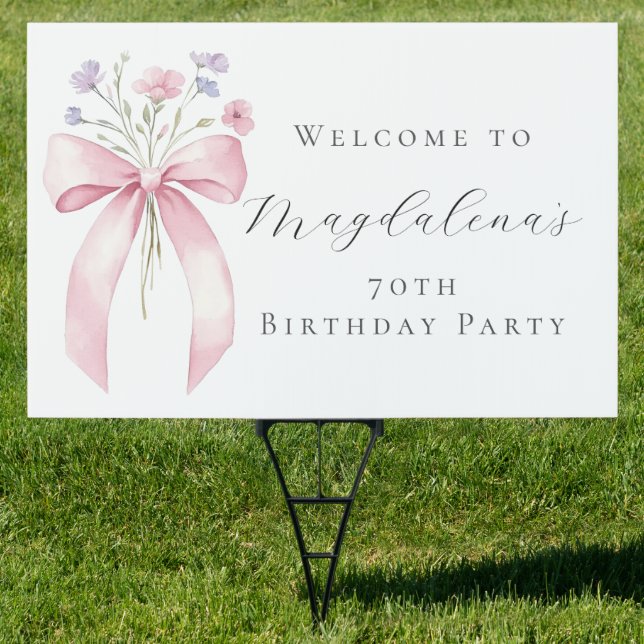70th Birthday Party Bow Wildflower Custom Yard Sign (Insitu)
