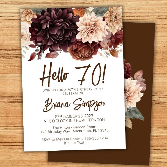 70th Birthday Party Brown Beige Flowers Floral Invitation (Creator Uploaded)