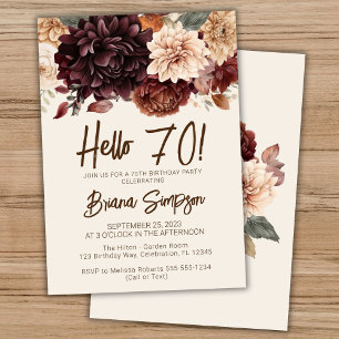 70th Birthday Party Brown Beige Ivory Floral Invitation