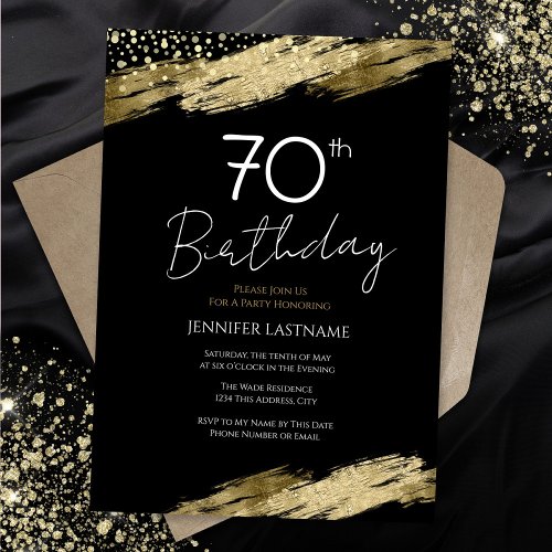 70th Birthday Party Budget Gold Black Invitation