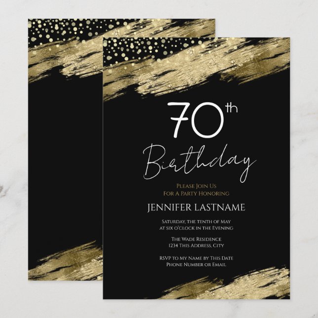 70th Birthday Party Budget Gold Black Invitation (Front/Back)