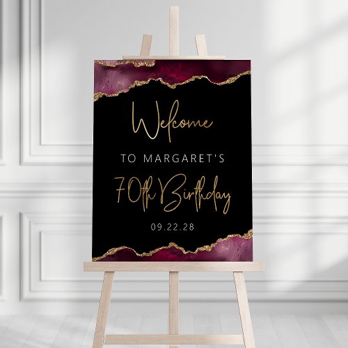 70th Birthday Party Burgundy Gold Agate Welcome Foam Board