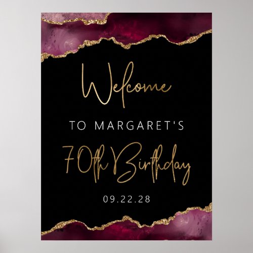 70th Birthday Party Burgundy Gold Agate Welcome Poster