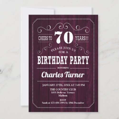70th Birthday Party _ Burgundy Wood Pattern Invitation