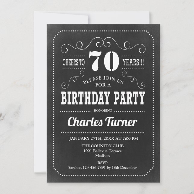 70th Birthday Party - Chalkboard Black White Invitation (Front)