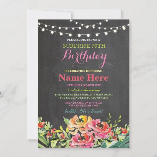 70th Birthday Party Chalkboard Floral Pink Invite