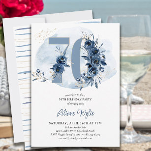 70th Birthday Party Coastal Blue Floral Number 70 Invitation