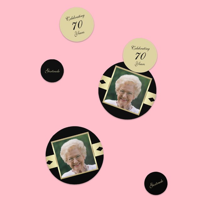70th Birthday Party confetti with Photo in Black (Creator Uploaded)