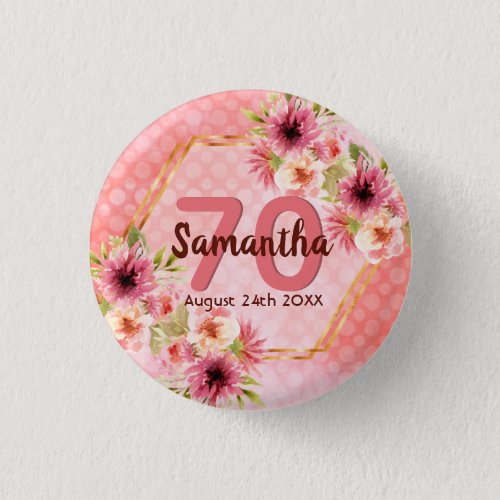 70th birthday party coral gold dahlia flowers button