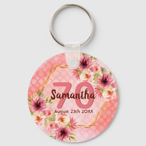 70th birthday party coral gold dahlia flowers keychain
