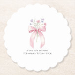 70th Birthday Party Custom Coaster Bow Wildflower<br><div class="desc">A pretty blush pink bow is decorated with dainty purple and pink wildflowers. The birthday celebrant's name and Happy Birthday follow. All text is editable.</div>