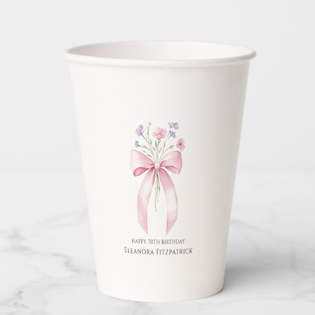 70th Birthday Party Custom Coaster Bow Wildflower Paper Cups (Front)