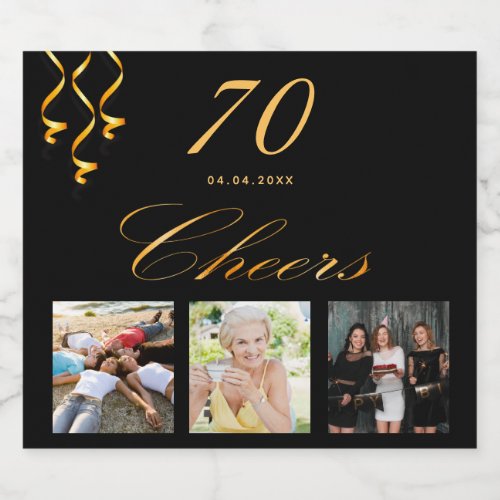 70th birthday party custom photo black gold cheers sparkling wine label