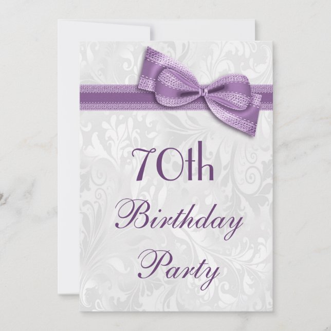 70th Birthday Party Damask and Faux Bow Invitation (Front)