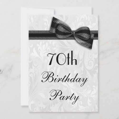 70th Birthday Party Damask and Faux Bow Invitation