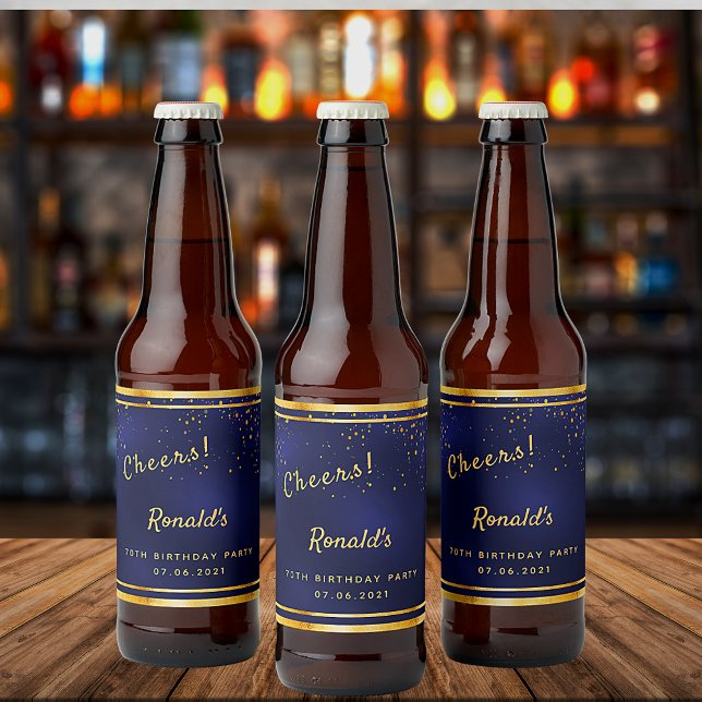 70th Birthday party dark navy blue gold cheers Beer Bottle Label (Creator Uploaded)