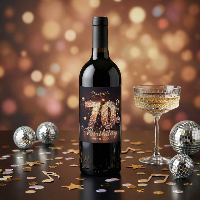 70th Birthday Party Disco Music Gold Sparkles Wine Label (Creator Uploaded)
