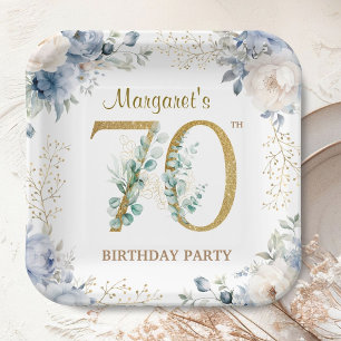 70th Birthday Party Dusty Blue Peony Gold Paper Plates