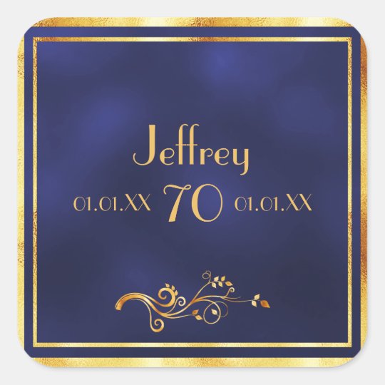 70th Birthday Party Elegant Blue And Gold Square Sticker