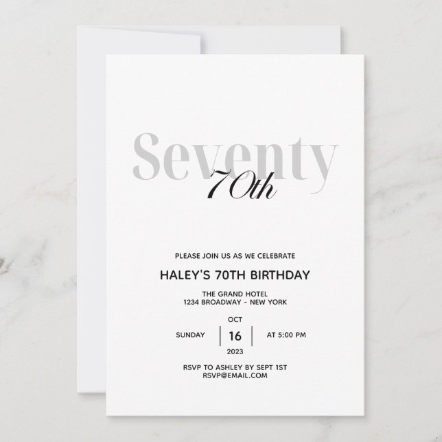 70th Birthday Party Elegant Chic Black and White Invitation (Front)