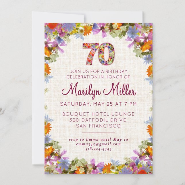 70th Birthday Party – Elegant Floral Linen Design Invitation (Front)
