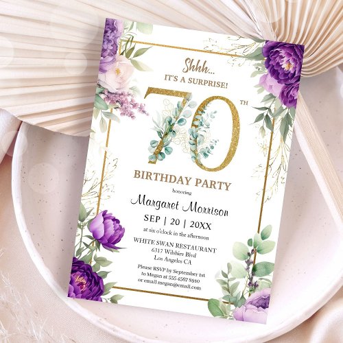 70th Birthday Party Elegant Gold Purple Peony Invitation