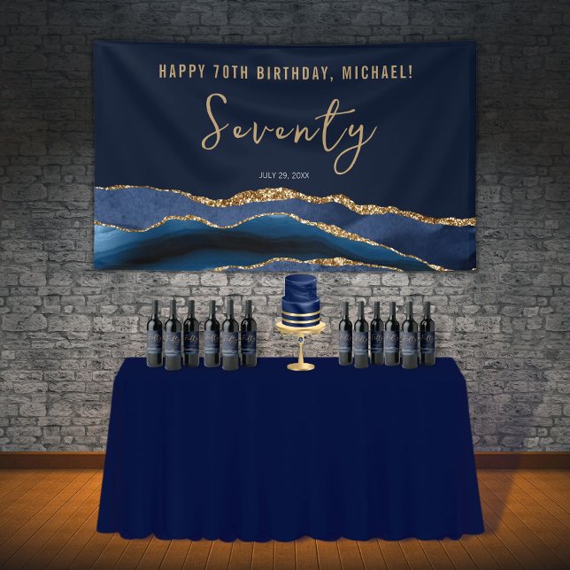 70th Birthday Party Elegant Navy Blue Gold Agate Banner (Creator Uploaded)
