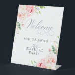 70th Birthday Party Elegant Pink Floral Welcome Pedestal Sign<br><div class="desc">A beautiful and feminine welcome sign to celebrate a 70th birthday in elegant style. This floral design is bordered with a frame of charming pink peonies and greenery.</div>