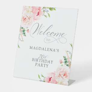 70th Birthday Party Elegant Pink Floral Welcome Pedestal Sign
