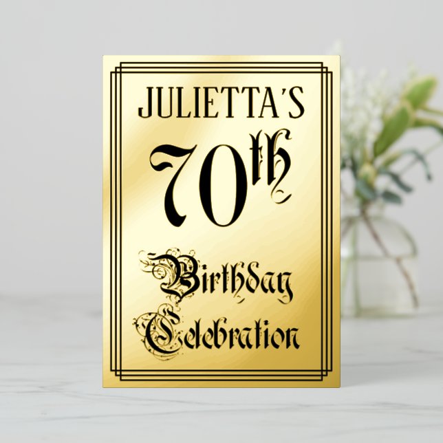 70th Birthday Party — Elegant Script + Custom Name Foil Invitation (Standing Front)