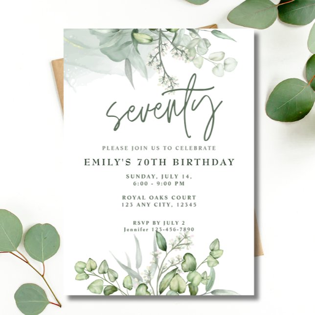 70th Birthday Party Eucalyptus Greenery Watercolor Invitation (Creator Uploaded)
