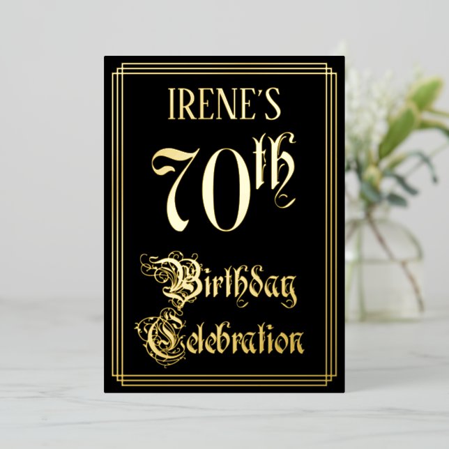 70th Birthday Party — Fancy Script & Custom Name Foil Invitation (Standing Front)