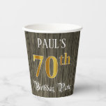 [ Thumbnail: 70th Birthday Party — Faux Gold & Faux Wood Looks Paper Cups ]