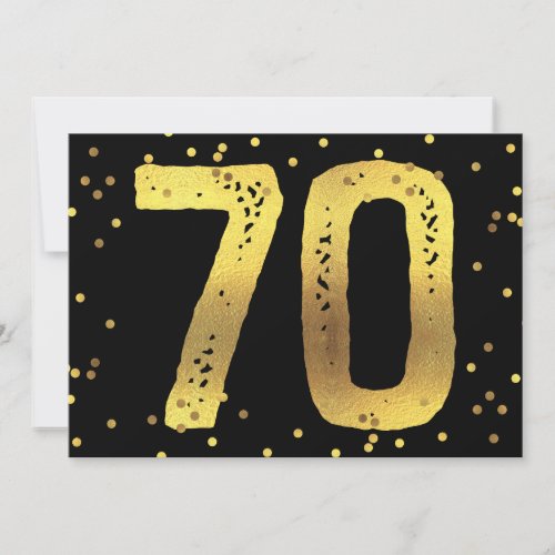 70th Birthday Party Faux Gold Foil Confetti Black Invitation