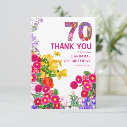 70th birthday party floral bouquet thank you card