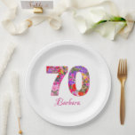 70th birthday party floral colorful paper plates<br><div class="desc">70th birthday party floral colorful paper plates
Photographed and designed with love
Perfect for a 70th birthday party
Personalize with the birthday girl's first name. Enjoy!</div>