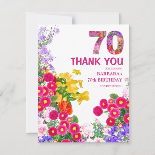 70th birthday party floral flat thank you card