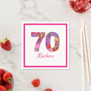 70th birthday party floral pink frame napkins