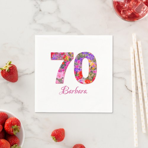 70th birthday party floral pink purple napkins