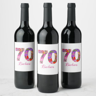 70th birthday party floral pink purple wine labels