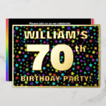 [ Thumbnail: 70th Birthday Party — Fun, Colorful Stars Pattern Invitation ]