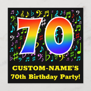 70th Birthday Party: Fun Music Symbols, Rainbow 70 Invitation