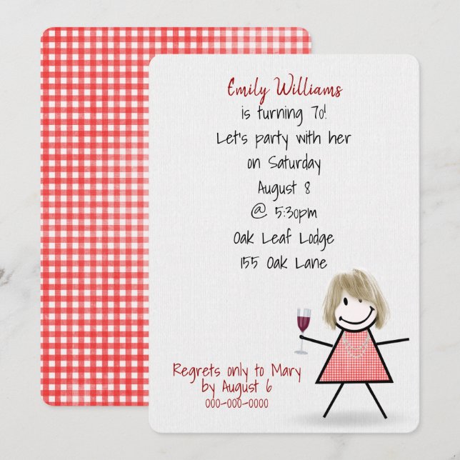 70th Birthday Party Girl with Wine  Invitation (Front/Back)