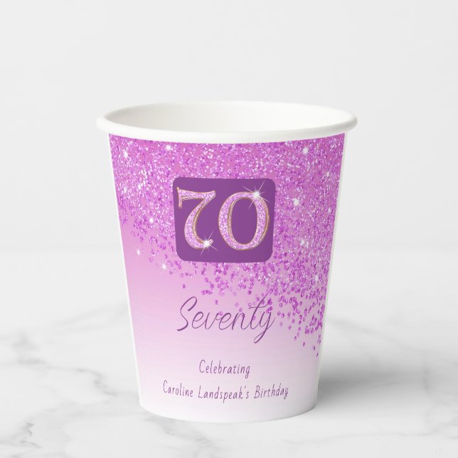70th Birthday Party Gleaming Pink Glitter Paper Cups (Front)