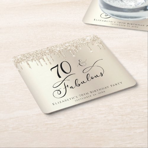 70th Birthday Party Glitter Gold  Square Paper Coaster