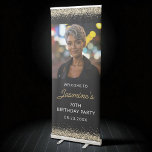 70th Birthday Party Gold Black Glitter Photo Retractable Banner<br><div class="desc">Celebrate seventy years of sophistication with this Gold and Black Glitter Photo Retractable Banner. Designed with shimmering faux-gold accents over a deep black background, this banner adds instant elegance and glamour to your milestone event. Personalize it with your favorite photo, name, and birthday message for a stunning welcome sign or...</div>